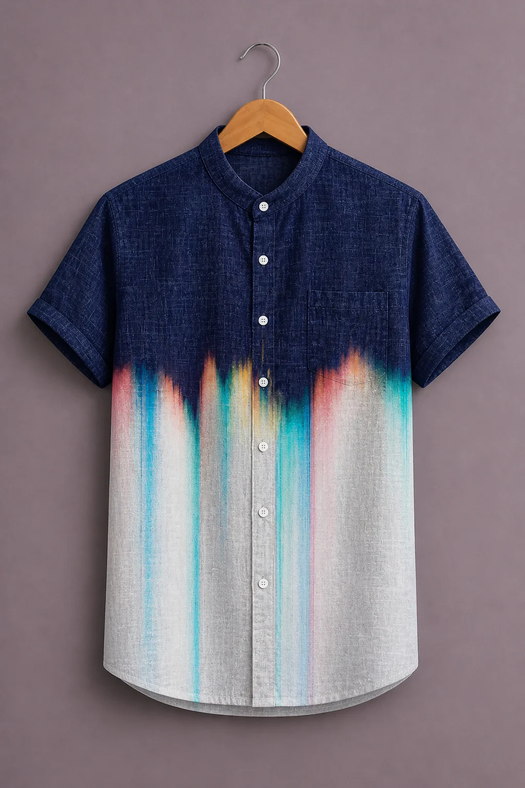 Modetrix Men's Navy Blue Abstract Gradient Printed Mandarin Collar Shirt | Premium Cotton Blend | Regular Fit | Half Sleeve Casual Shirt