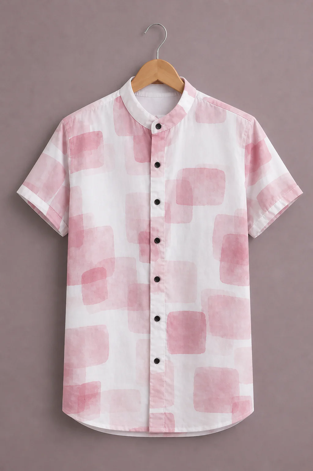 Modetrix Men's White & Blush Pink Abstract Printed Mandarin Collar Shirt | Premium Cotton Blend | Regular Fit | Half Sleeve Casual Shirt
