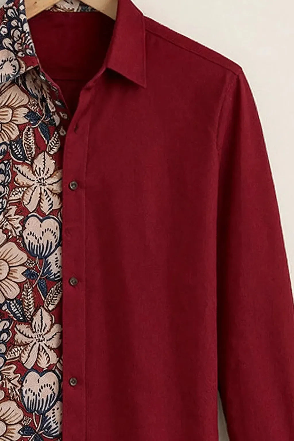Modetrix Men's Premium Maroon Floral Half & Half Designer Full Sleeve Shirt | Cotton Blend | Regular Fit | Casual Party Shirt