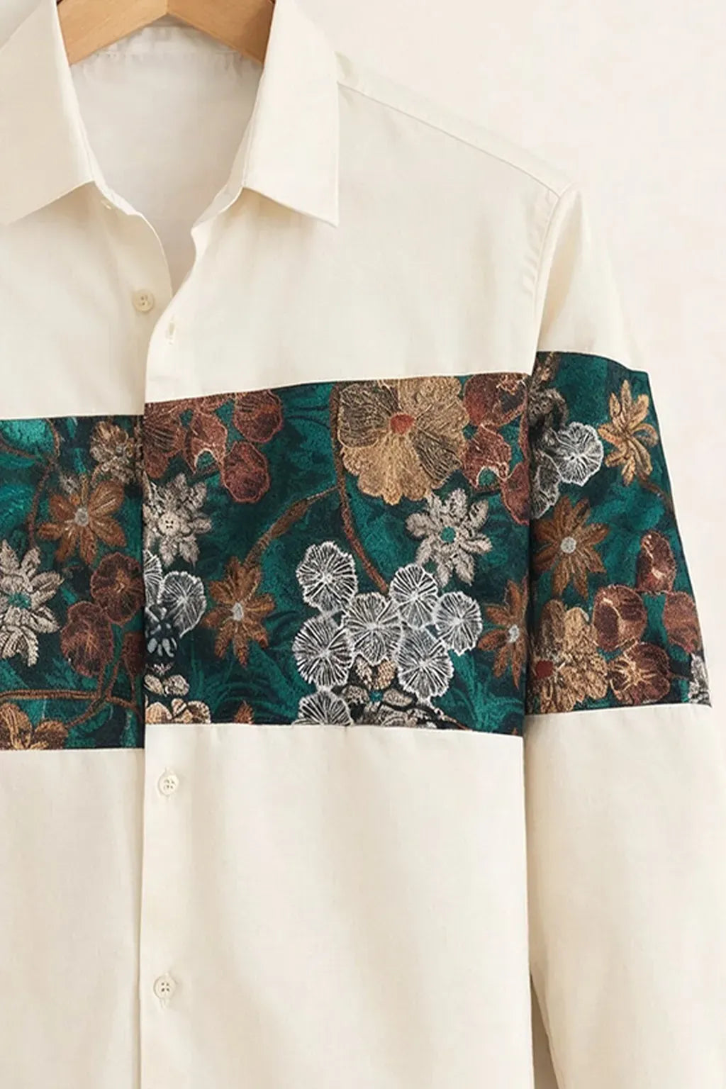 Modetrix Men's Premium White Floral Panel Designer Full Sleeve Shirt | Cotton Blend | Regular Fit | Casual Party Shirt