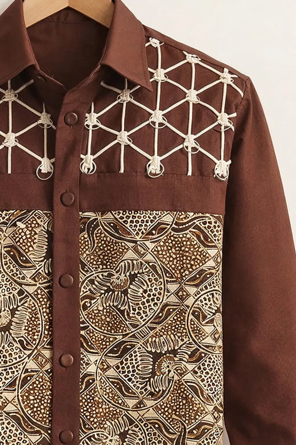 Modetrix Men's Premium Brown Ethnic Panel Printed Full Sleeve Shirt | Cotton Blend | Regular Fit | Casual Designer Shirt