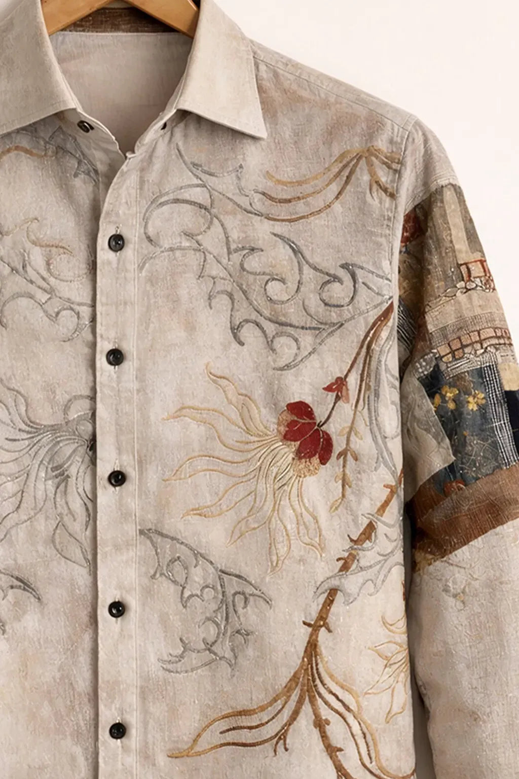 Modetrix Men's Premium Beige Vintage Floral Patchwork Printed Full Sleeve Shirt | Cotton Blend | Regular Fit | Casual Designer Shirt