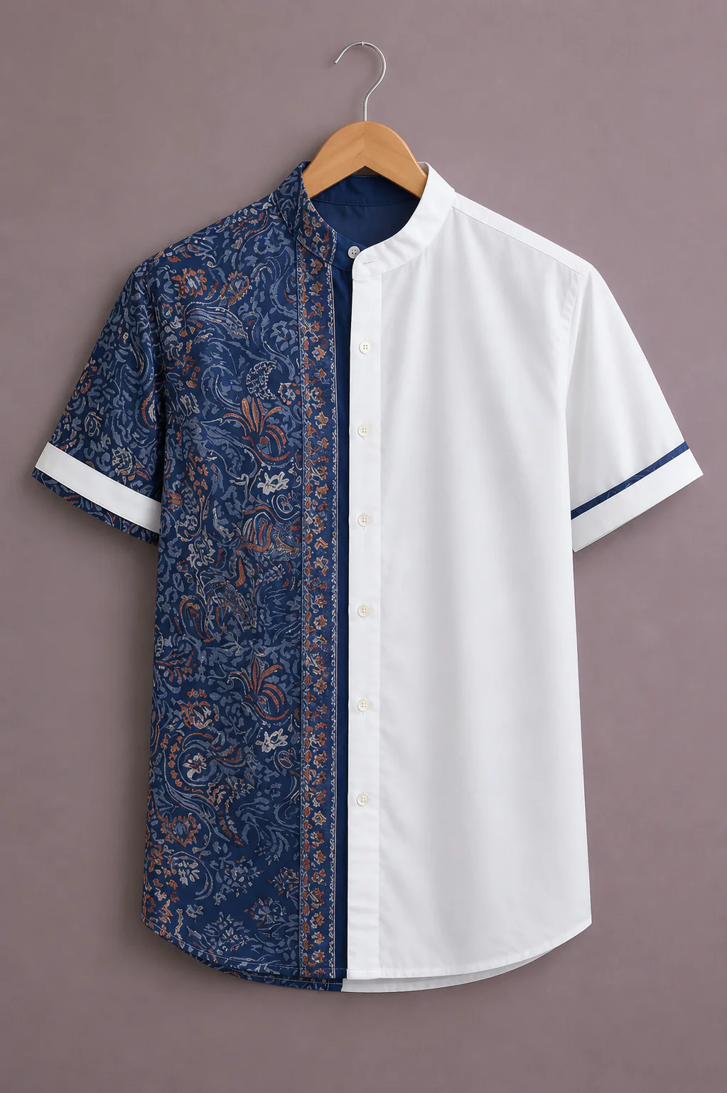 Modetrix Men's White & Navy Blue Paisley Printed Half Sleeve Mandarin Collar Shirt | Premium Cotton Blend | Regular Fit | Casual Party Wear