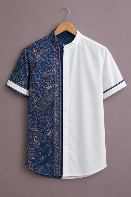 Modetrix Men's White & Navy Blue Paisley Printed Half Sleeve Mandarin Collar Shirt | Premium Cotton Blend | Regular Fit | Casual Party Wear