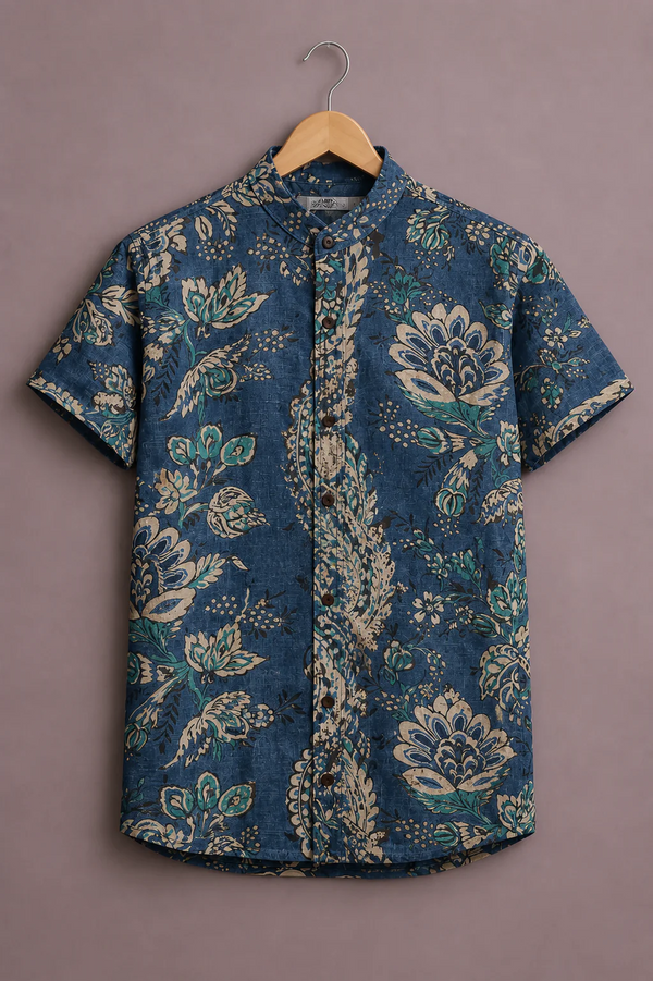 Modetrix Men's Navy Blue Floral Printed Mandarin Collar Shirt | Premium Cotton Blend | Regular Fit | Half Sleeve Casual Shirt