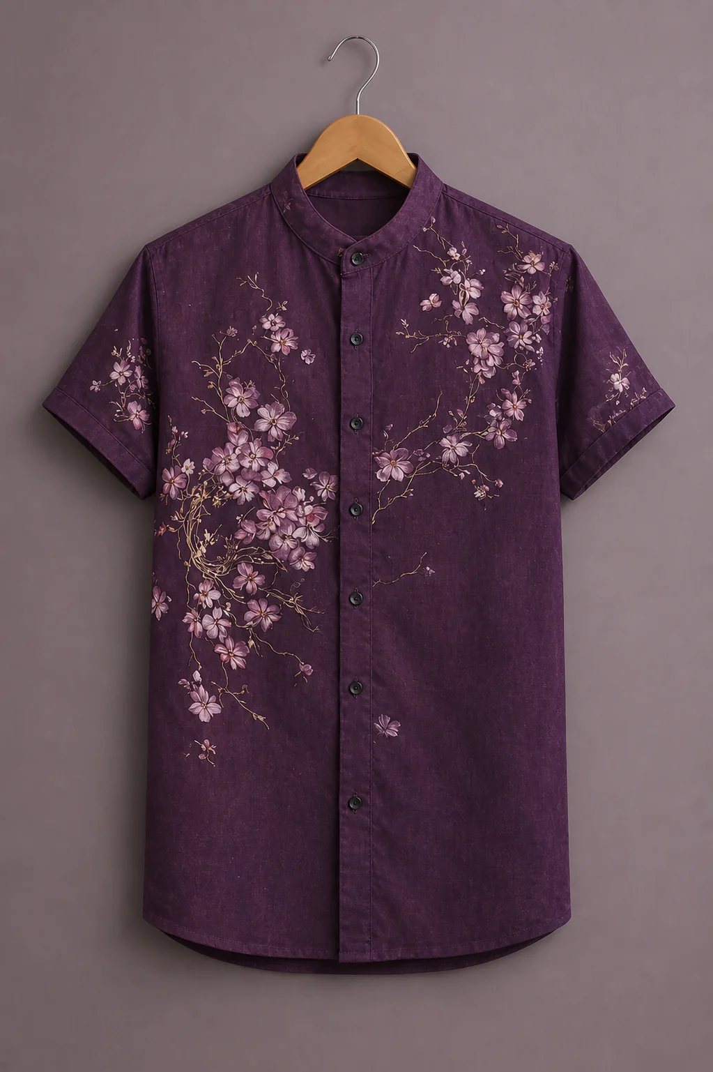 Modetrix Men's Deep Plum Floral Printed Mandarin Collar Shirt | Premium Cotton Blend | Regular Fit | Half Sleeve Casual Shirt