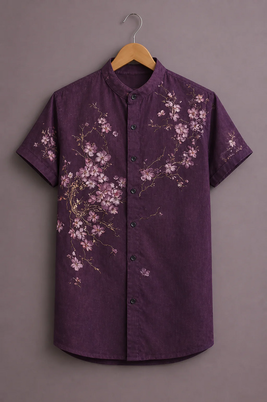 Modetrix Men's Deep Plum Floral Printed Mandarin Collar Shirt | Premium Cotton Blend | Regular Fit | Half Sleeve Casual Shirt