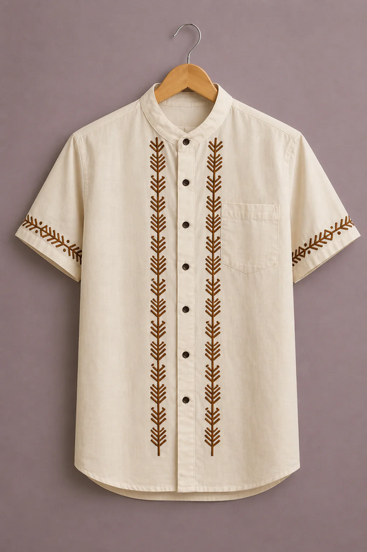 Modetrix Men's Cream Embroidered Mandarin Collar Shirt | Premium Cotton Blend | Regular Fit | Half Sleeve Casual Shirt