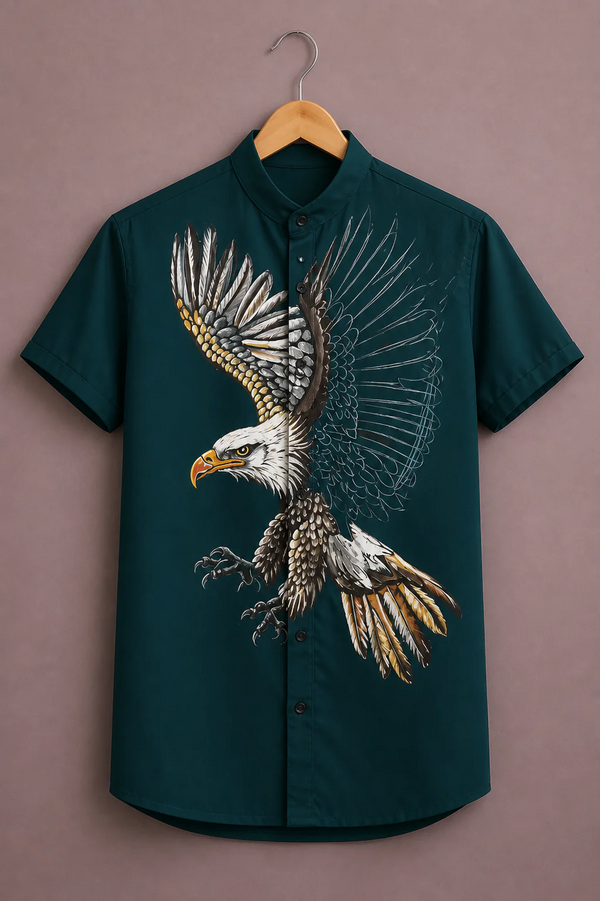 Modetrix Men's Dark Teal Eagle Graphic Printed Mandarin Collar Shirt | Premium Cotton Blend | Regular Fit | Half Sleeve Casual Shirt