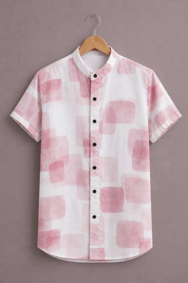 Modetrix Men's White & Blush Pink Abstract Printed Mandarin Collar Shirt | Premium Cotton Blend | Regular Fit | Half Sleeve Casual Shirt
