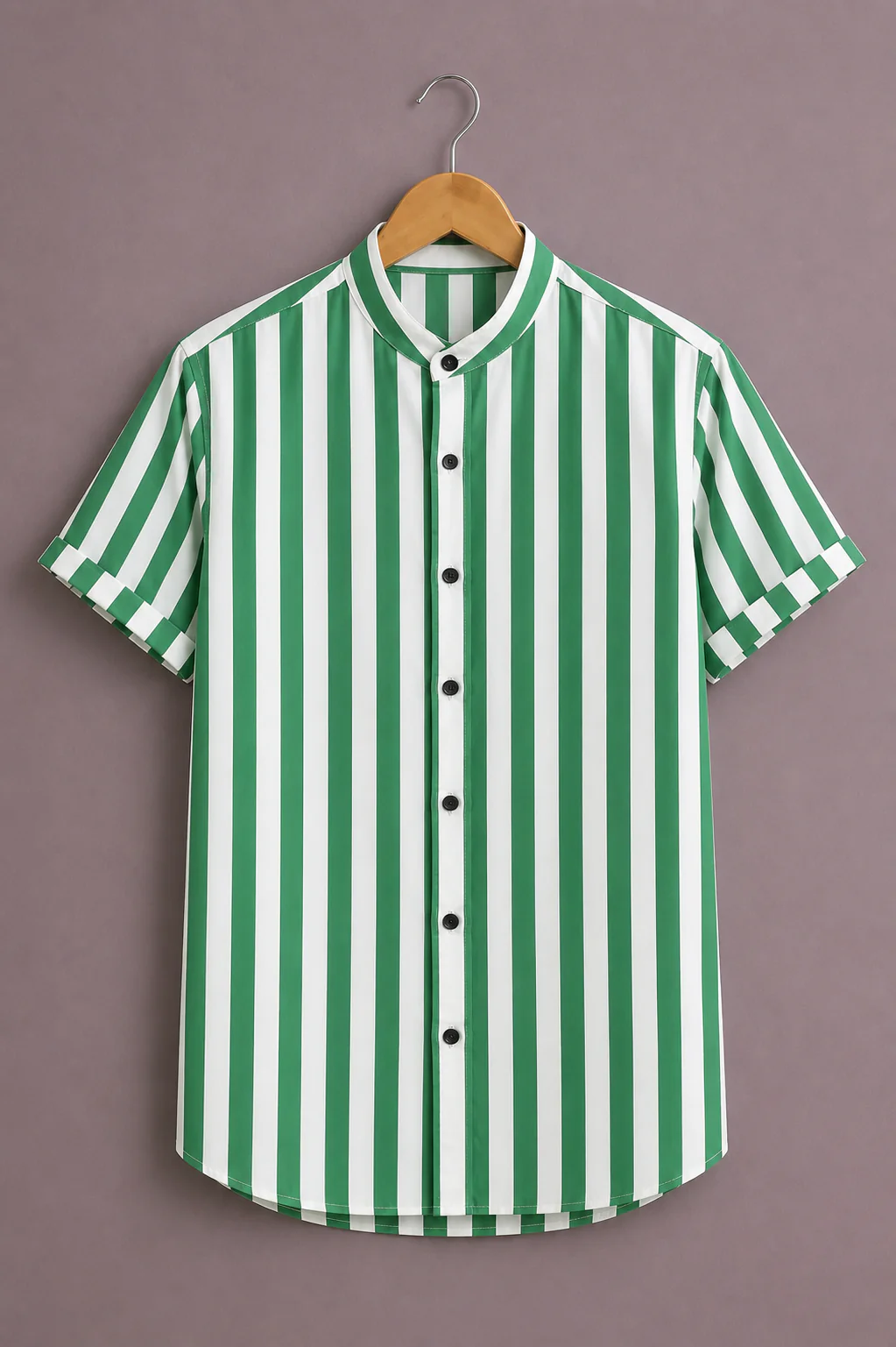 Modetrix Men's Green & White Vertical Striped Mandarin Collar Shirt | Premium Cotton Blend | Regular Fit | Half Sleeve Casual Shirt