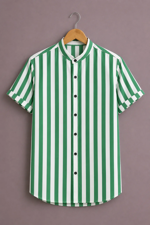 Modetrix Men's Green & White Vertical Striped Mandarin Collar Shirt | Premium Cotton Blend | Regular Fit | Half Sleeve Casual Shirt