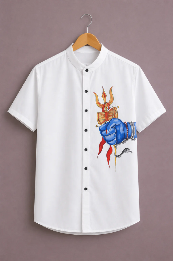 Modetrix Men's White Graphic Printed Mandarin Collar Shirt | Premium Cotton Blend | Regular Fit | Half Sleeve Casual Shirt