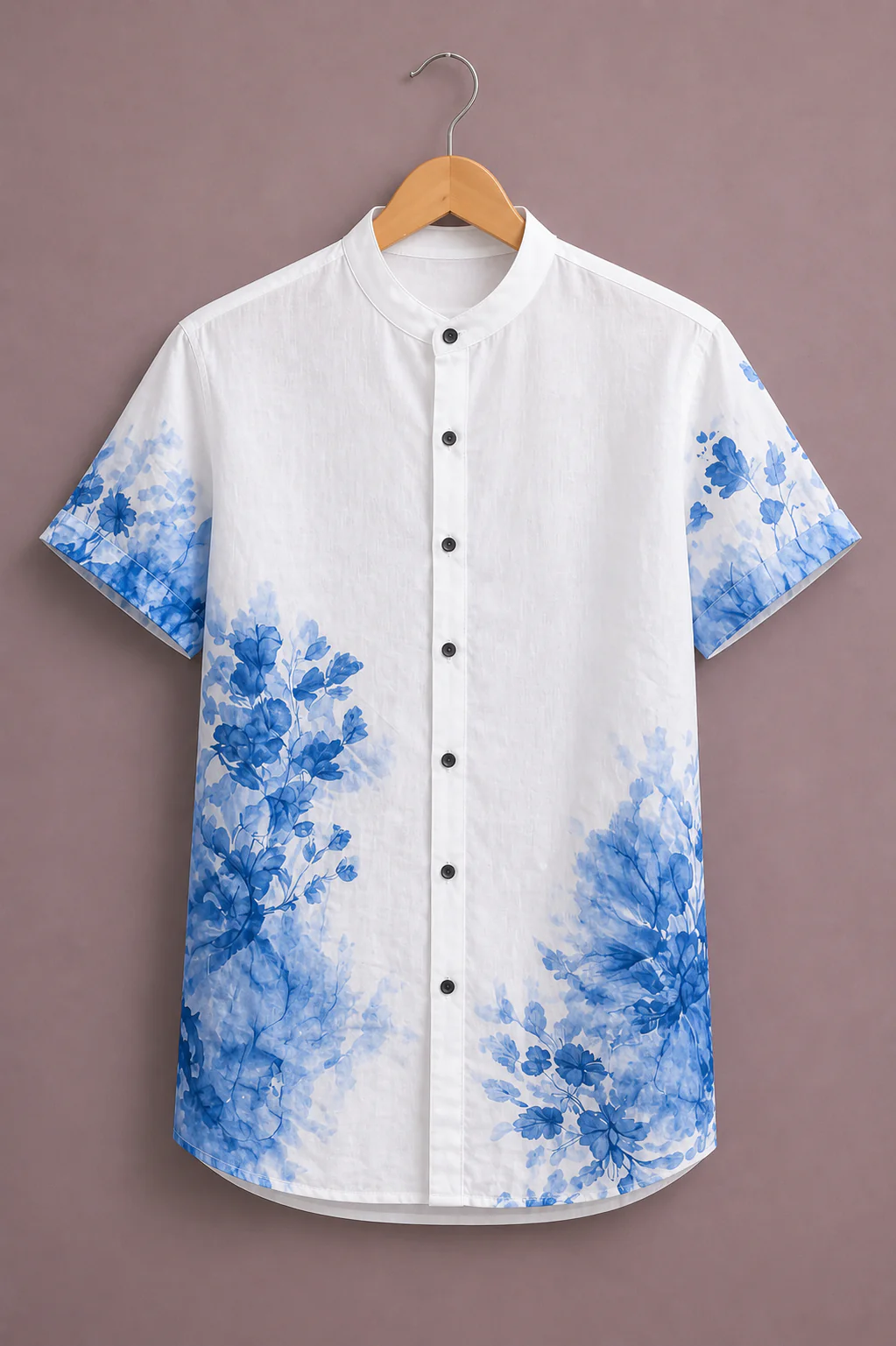 Modetrix Men's White & Blue Floral Printed Mandarin Collar Shirt | Premium Cotton Blend | Regular Fit | Half Sleeve Casual Shirt