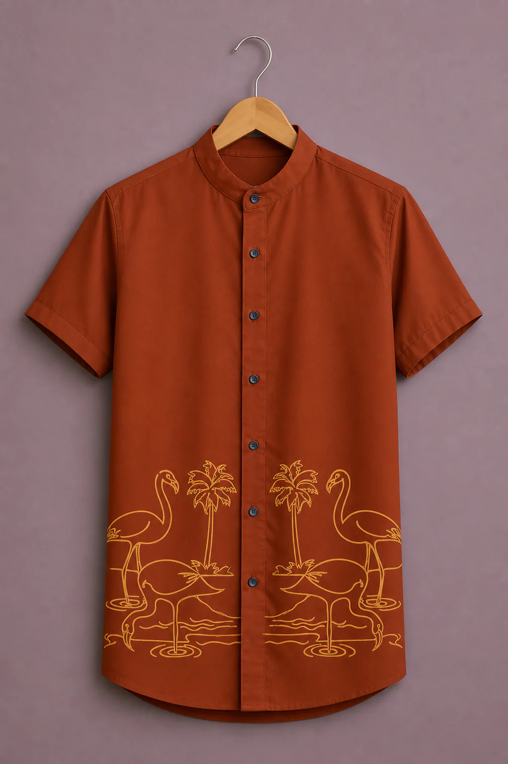 Modetrix Men's Rust Orange Flamingo Graphic Printed Mandarin Collar Shirt | Premium Cotton Blend | Regular Fit | Half Sleeve Casual Shirt