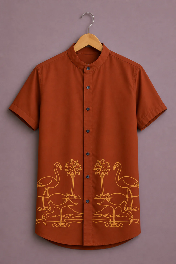 Modetrix Men's Rust Orange Flamingo Graphic Printed Mandarin Collar Shirt | Premium Cotton Blend | Regular Fit | Half Sleeve Casual Shirt