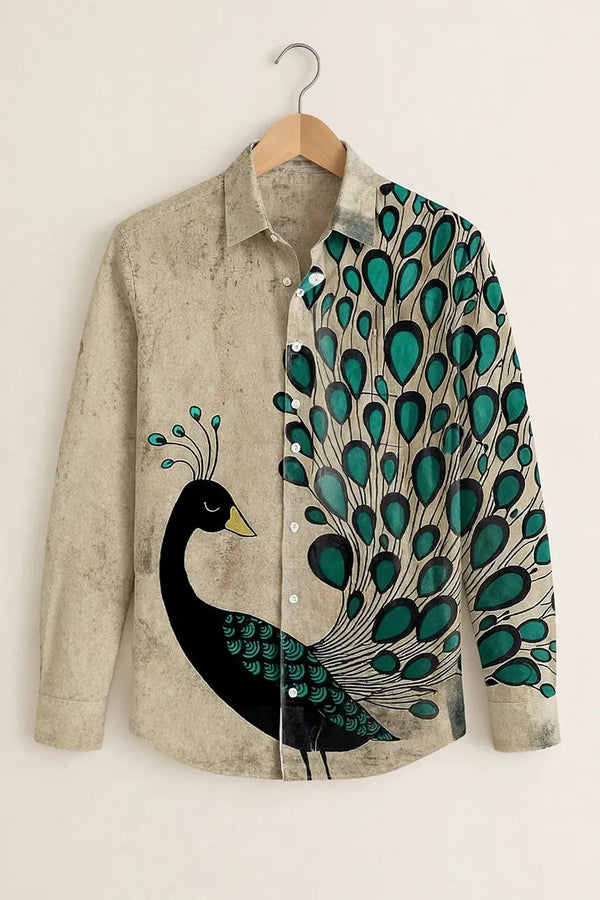 Modetrix Men's Premium Beige Peacock Graphic Printed Full Sleeve Shirt | Cotton Blend | Regular Fit | Casual Designer Shirt