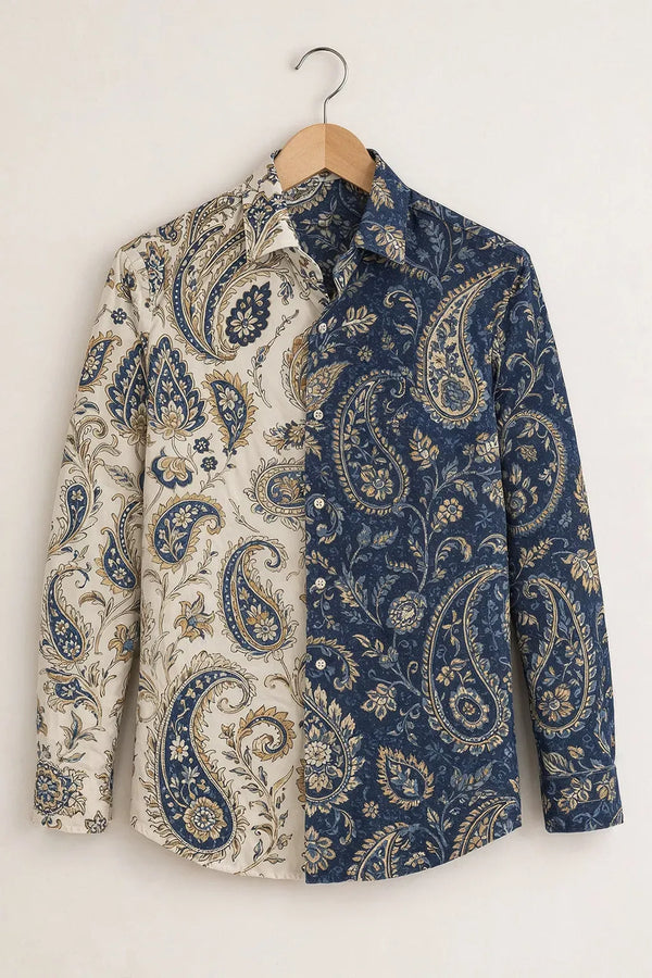 Modetrix Men's Premium Blue & White Half Paisley Designer Full Sleeve Shirt | Cotton Blend | Regular Fit | Casual Party Shirt