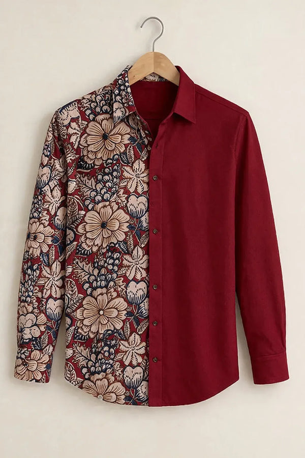 Modetrix Men's Premium Maroon Floral Half & Half Designer Full Sleeve Shirt | Cotton Blend | Regular Fit | Casual Party Shirt