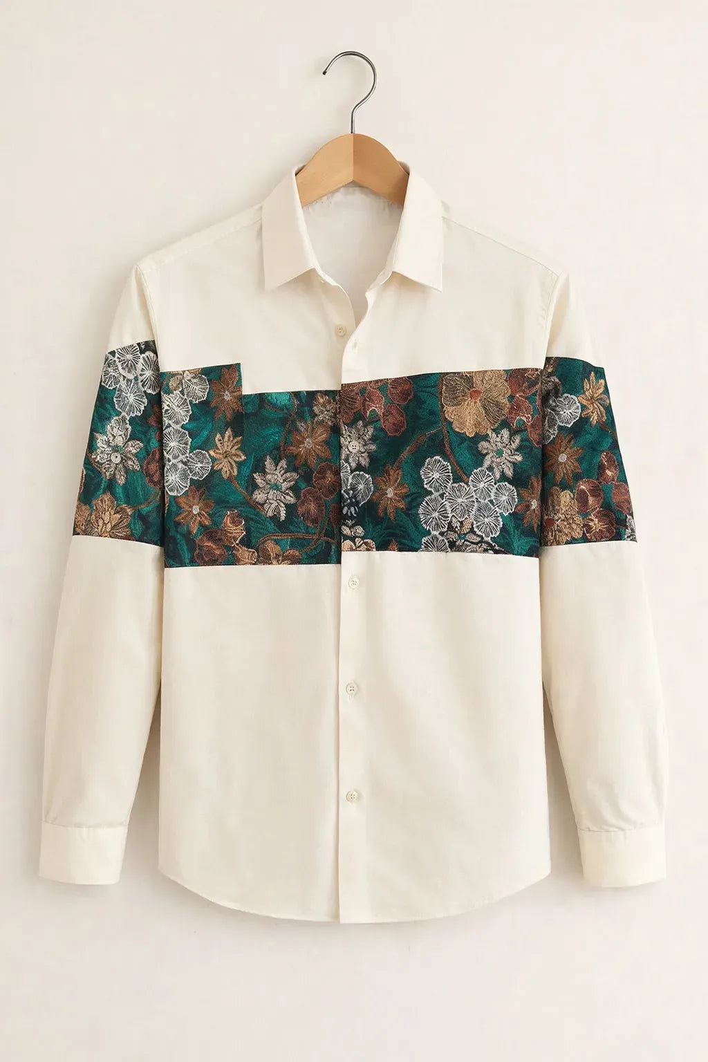 Modetrix Men's Premium White Floral Panel Designer Full Sleeve Shirt | Cotton Blend | Regular Fit | Casual Party Shirt