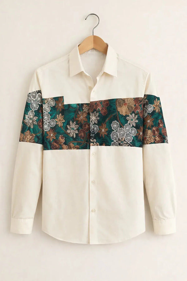 Modetrix Men's Premium White Floral Panel Designer Full Sleeve Shirt | Cotton Blend | Regular Fit | Casual Party Shirt