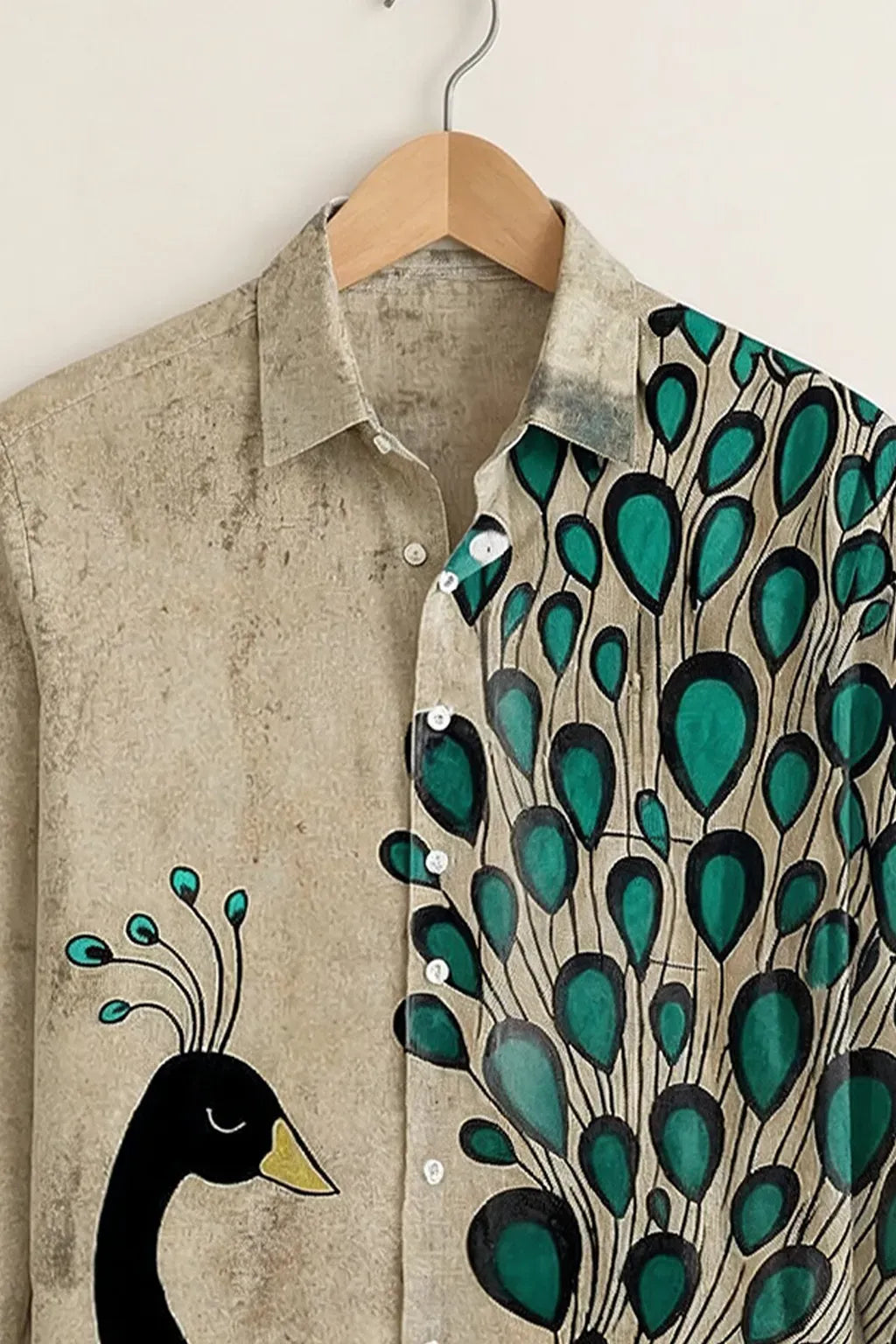 Modetrix Men's Premium Beige Peacock Graphic Printed Full Sleeve Shirt | Cotton Blend | Regular Fit | Casual Designer Shirt