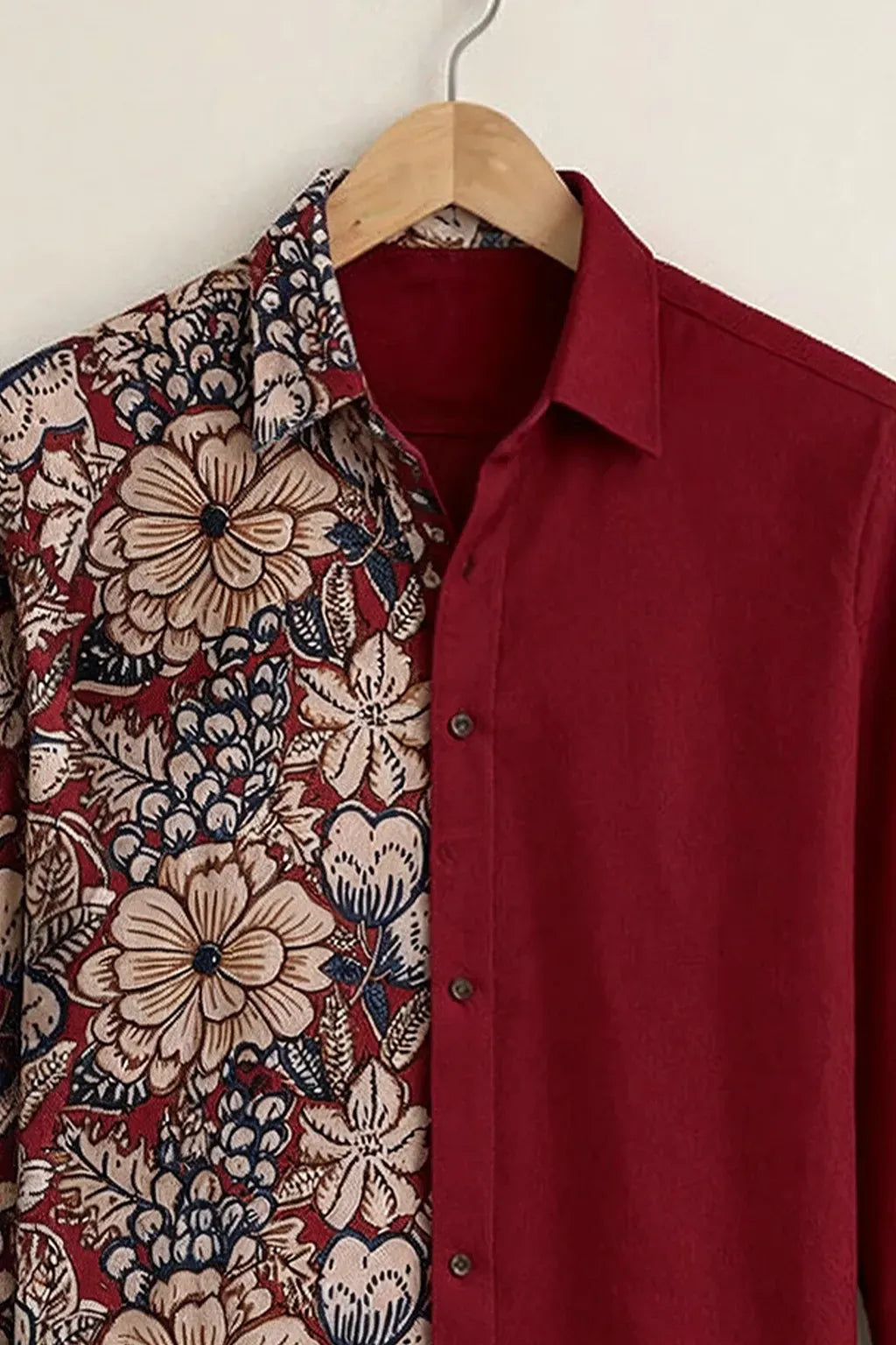Modetrix Men's Premium Maroon Floral Half & Half Designer Full Sleeve Shirt | Cotton Blend | Regular Fit | Casual Party Shirt