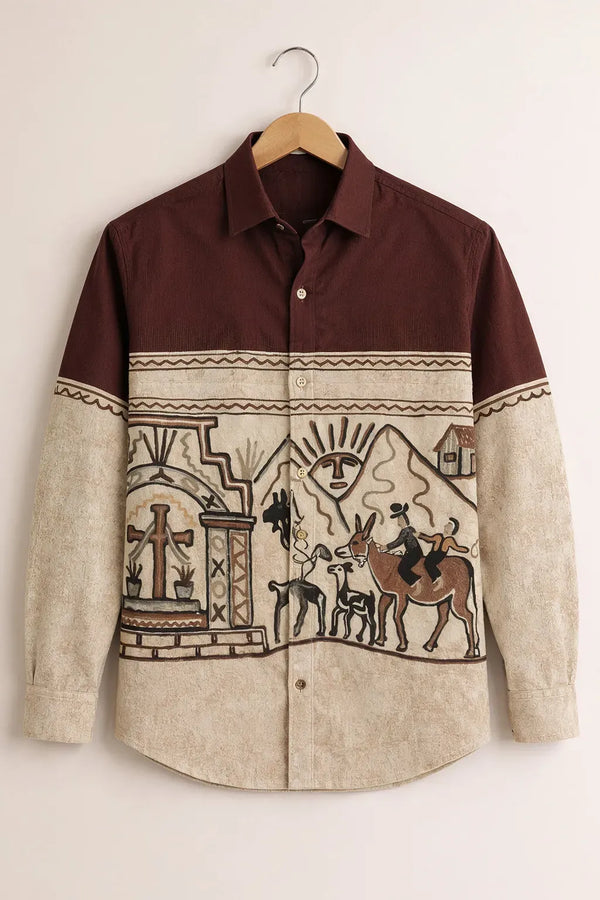 Modetrix Men's Premium Brown Tribal Art Printed Full Sleeve Shirt | Cotton Blend | Regular Fit | Casual Designer Shirt