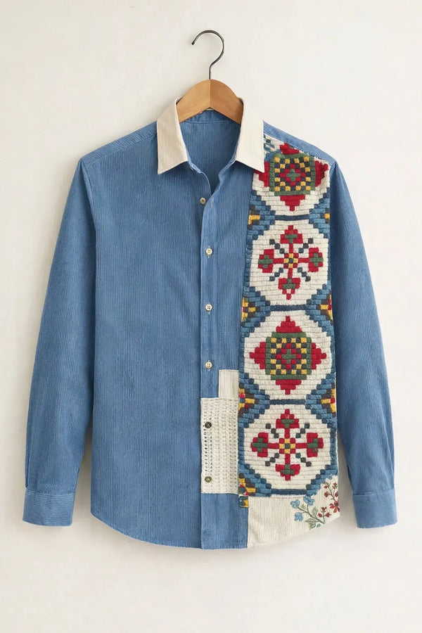 Modetrix Men's Premium Sky Blue Patchwork Designer Full Sleeve Shirt | Cotton Blend | Regular Fit | Casual Fashion Shirt