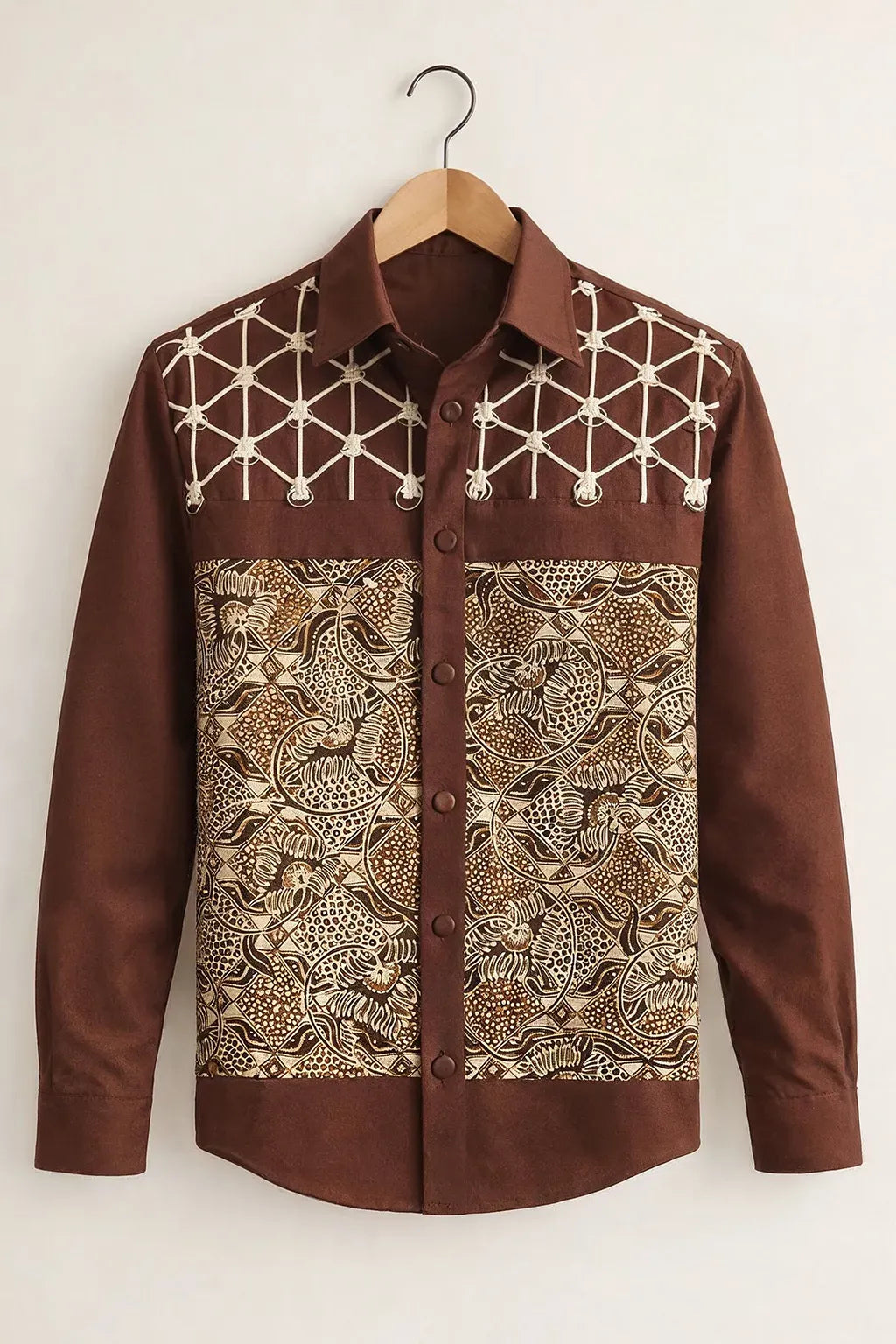 Modetrix Men's Premium Brown Ethnic Panel Printed Full Sleeve Shirt | Cotton Blend | Regular Fit | Casual Designer Shirt