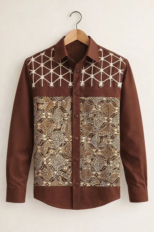 Modetrix Men's Premium Brown Ethnic Panel Printed Full Sleeve Shirt | Cotton Blend | Regular Fit | Casual Designer Shirt