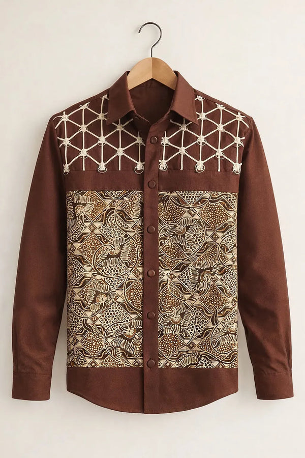 Modetrix Men's Premium Brown Ethnic Panel Printed Full Sleeve Shirt | Cotton Blend | Regular Fit | Casual Designer Shirt