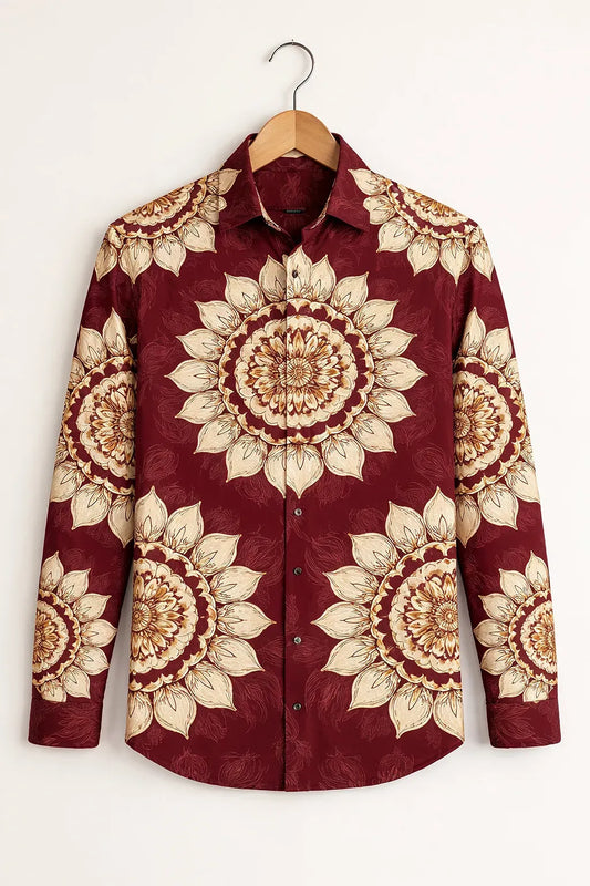 Modetrix Men's Premium Maroon Floral Mandala Printed Full Sleeve Designer Shirt | Cotton Blend | Regular Fit | Casual Party Shirt