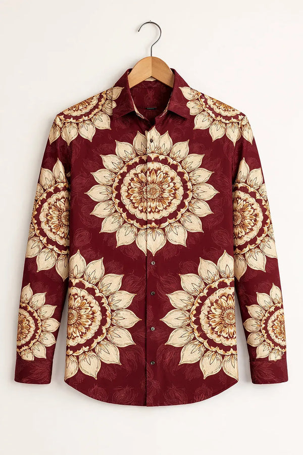 Modetrix Men's Premium Maroon Floral Mandala Printed Full Sleeve Designer Shirt | Cotton Blend | Regular Fit | Casual Party Shirt