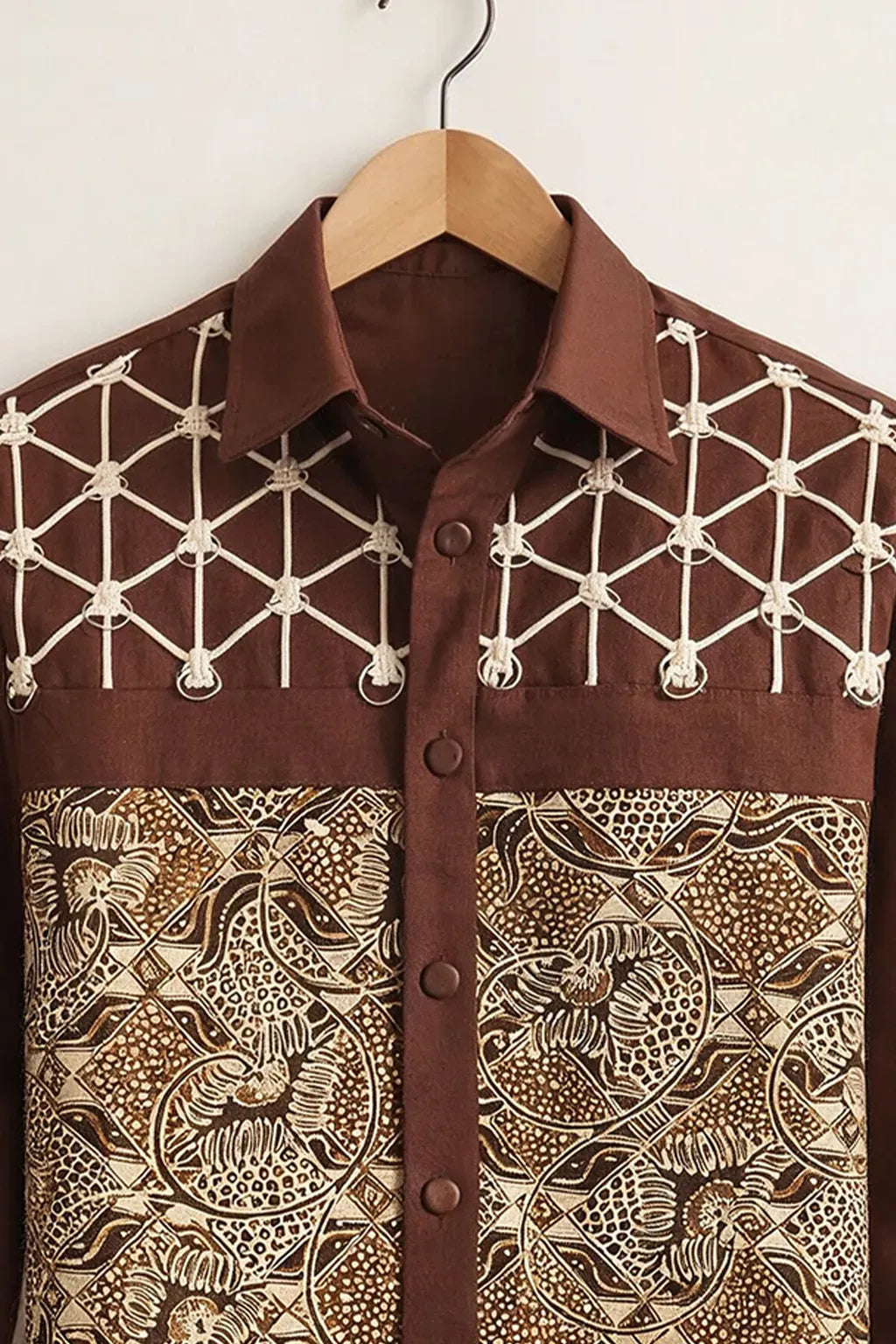 Modetrix Men's Premium Brown Ethnic Panel Printed Full Sleeve Shirt | Cotton Blend | Regular Fit | Casual Designer Shirt