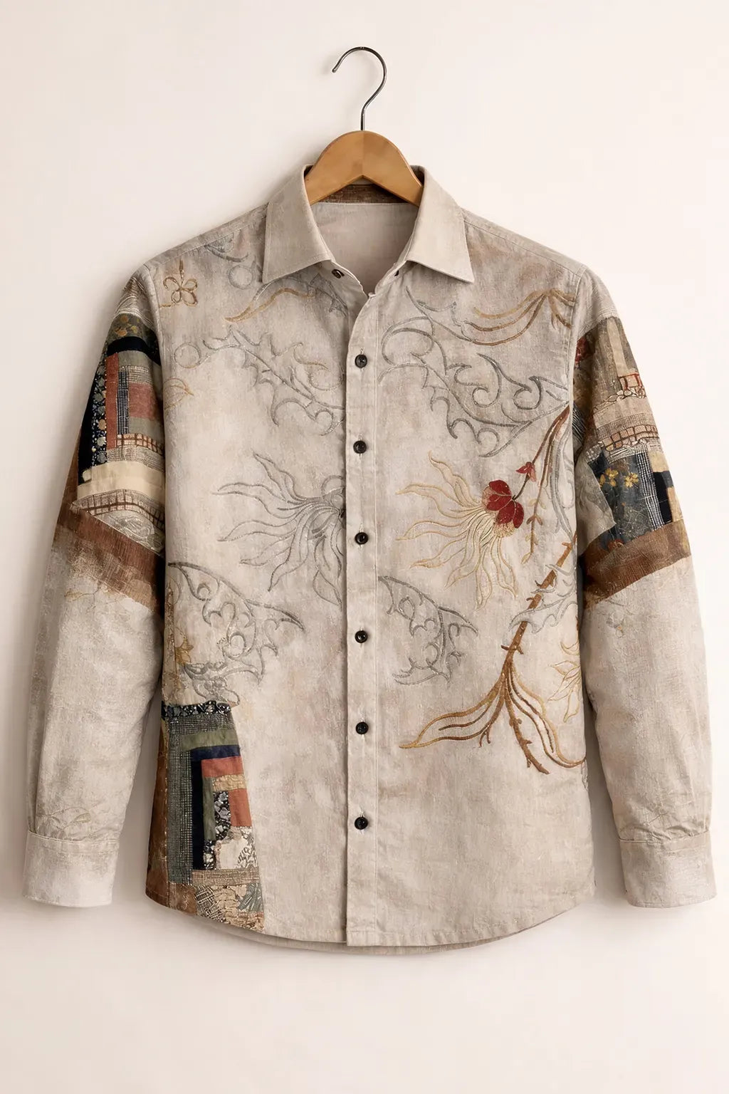 Modetrix Men's Premium Beige Vintage Floral Patchwork Printed Full Sleeve Shirt | Cotton Blend | Regular Fit | Casual Designer Shirt