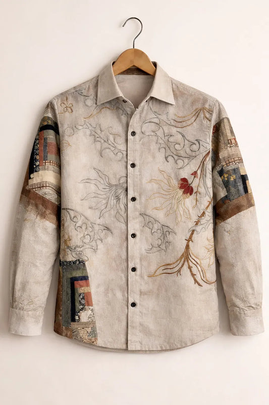 Modetrix Men's Premium Beige Vintage Floral Patchwork Printed Full Sleeve Shirt | Cotton Blend | Regular Fit | Casual Designer Shirt