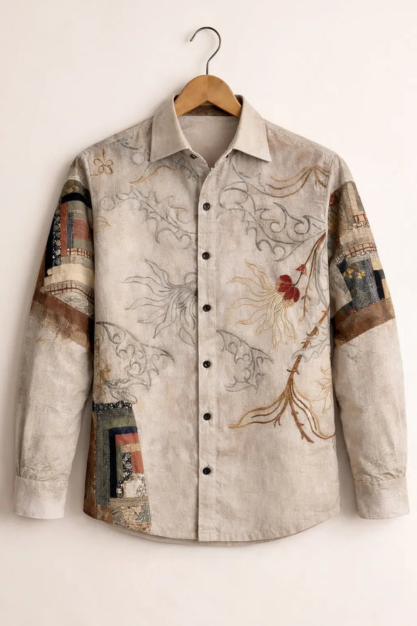 Modetrix Men's Premium Beige Vintage Floral Patchwork Printed Full Sleeve Shirt | Cotton Blend | Regular Fit | Casual Designer Shirt