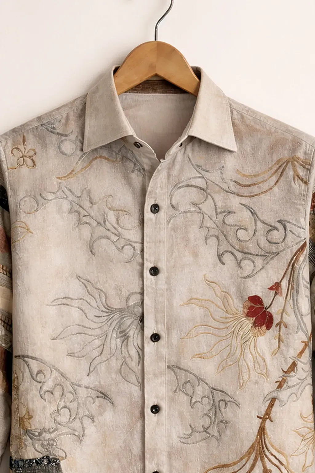 Modetrix Men's Premium Beige Vintage Floral Patchwork Printed Full Sleeve Shirt | Cotton Blend | Regular Fit | Casual Designer Shirt
